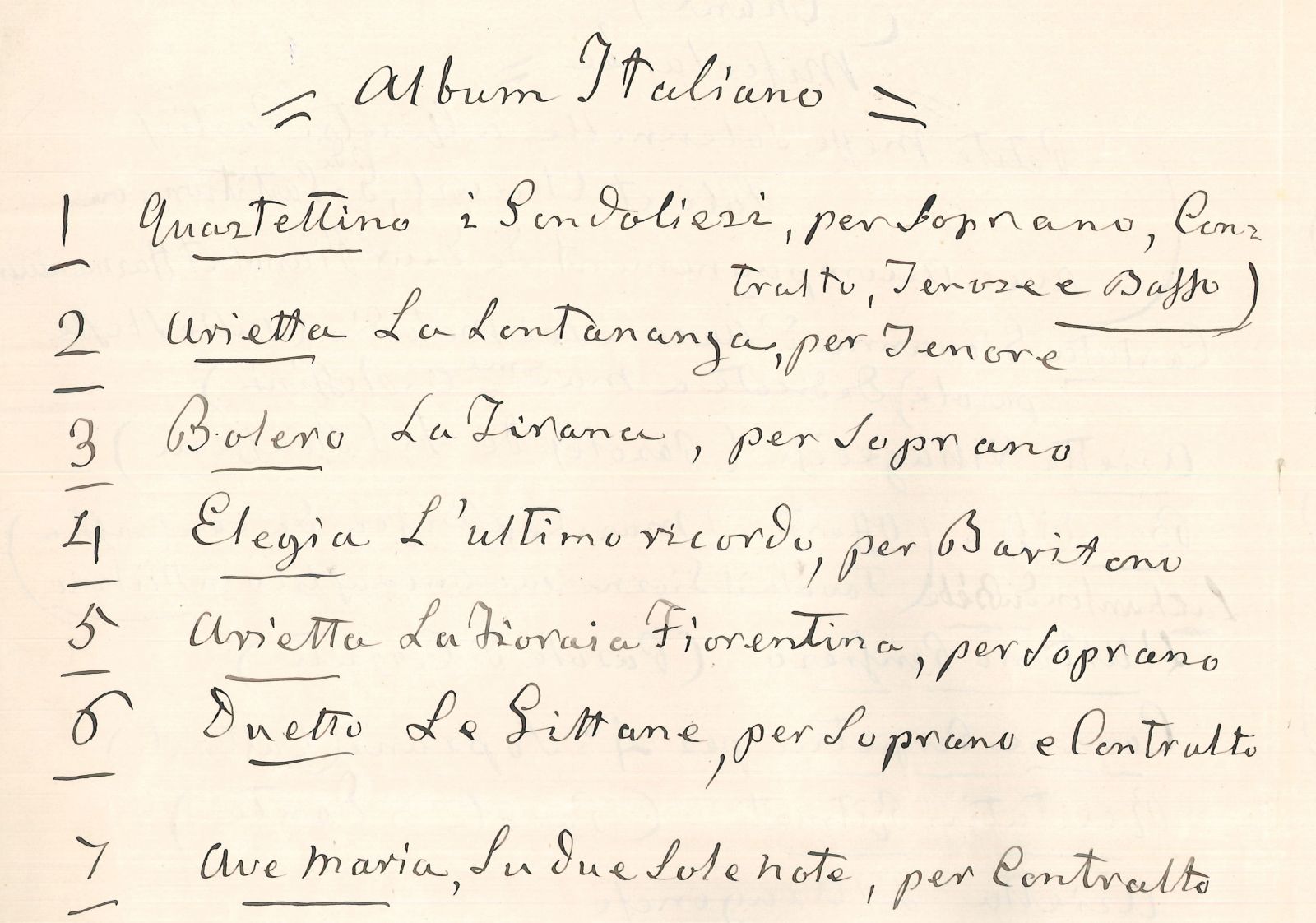 Inhoudstabellen van de ‘Péchés de vieillesse’ in Rossini’s handschrift. FEM-100.